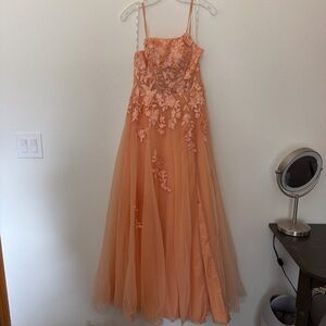 Elegant Peach Floral Lace Prom Dress